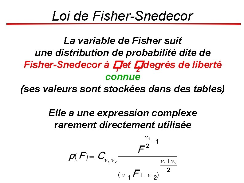 Loi de Fisher-Snedecor La variable de Fisher suit une distribution de probabilité dite de