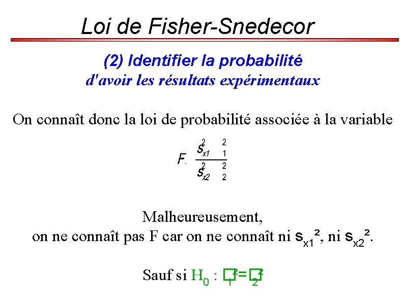 Loi de Fisher-Snedecor (2) Identifier la probabilité d'avoir les résultats expérimentaux On connaît donc