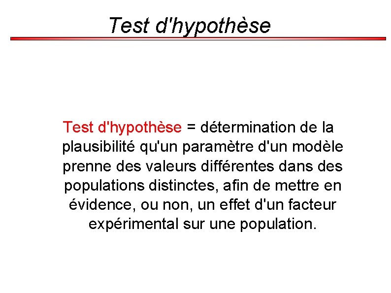 Test d'hypothèse = détermination de la plausibilité qu'un paramètre d'un modèle prenne des valeurs