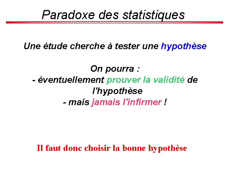 Paradoxe des statistiques Une étude cherche à tester une hypothèse On pourra : -