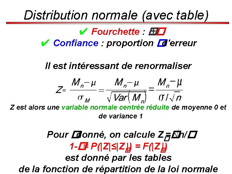 Distribution normale (avec table) ✔ Fourchette : � ±� ✔ Confiance : proportion �d'erreur