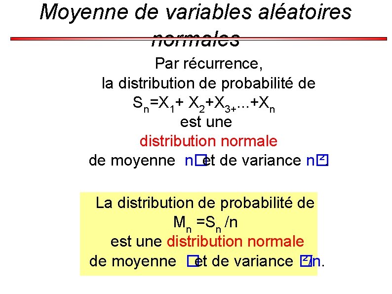 Moyenne de variables aléatoires normales Par récurrence, la distribution de probabilité de Sn=X 1+