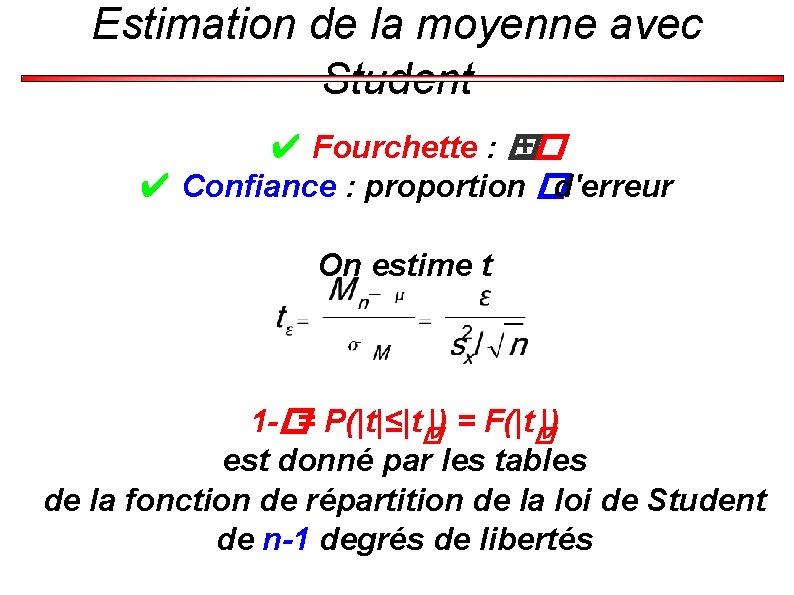 Estimation de la moyenne avec Student ✔ Fourchette : � ±� ✔ Confiance :