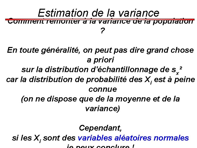 Estimation de la variance Comment remonter à la variance de la population ? En