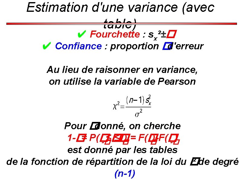 Estimation d'une variance (avec table) ✔ Fourchette : sx²±� ✔ Confiance : proportion �d'erreur