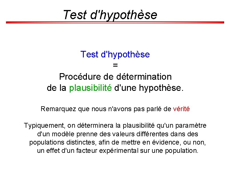 Test d'hypothèse = Procédure de détermination de la plausibilité d'une hypothèse. Remarquez que nous