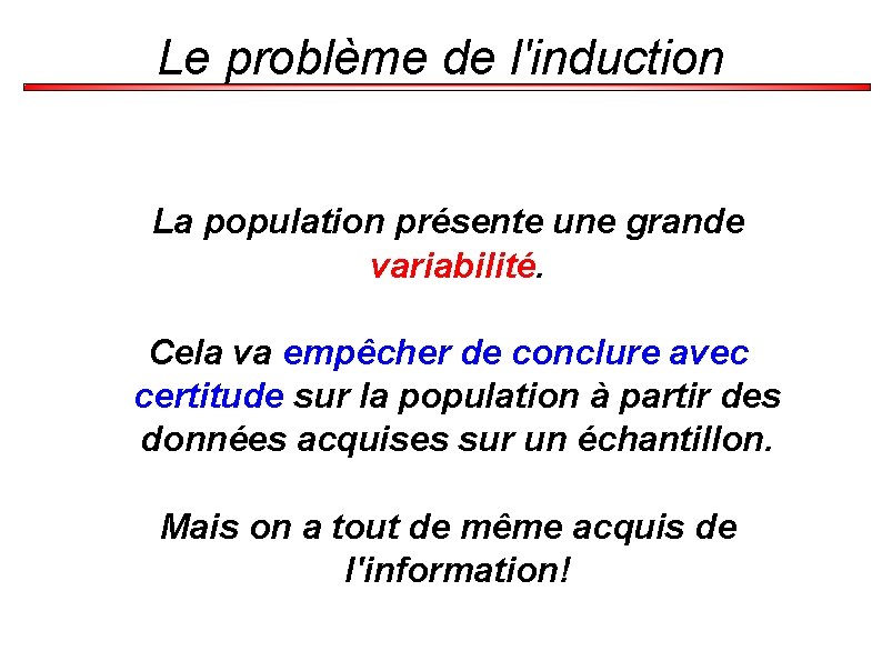 Le problème de l'induction La population présente une grande variabilité. Cela va empêcher de