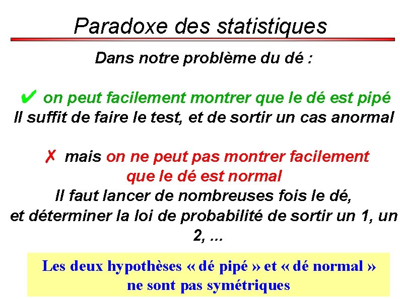 Paradoxe des statistiques Dans notre problème du dé : ✔ on peut facilement montrer