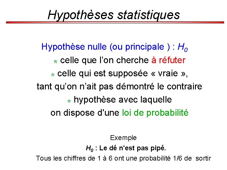 Hypothèses statistiques Hypothèse nulle (ou principale ) : H 0 celle que l’on cherche