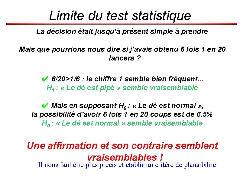 Limite du test statistique La décision était jusqu'à présent simple à prendre Mais que