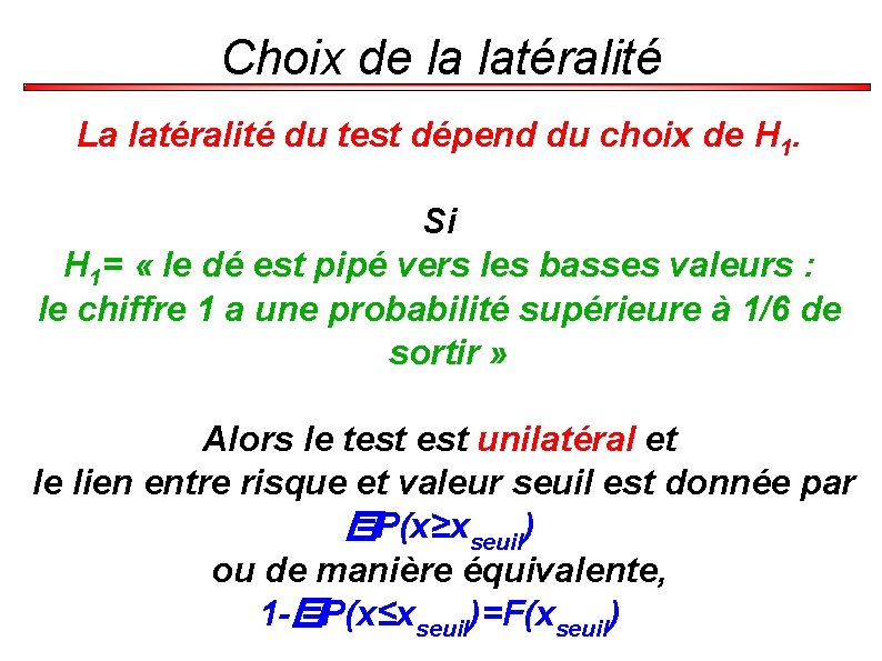 Choix de la latéralité La latéralité du test dépend du choix de H 1.