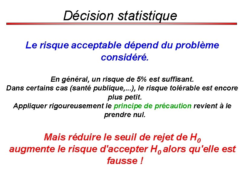 Décision statistique Le risque acceptable dépend du problème considéré. En général, un risque de