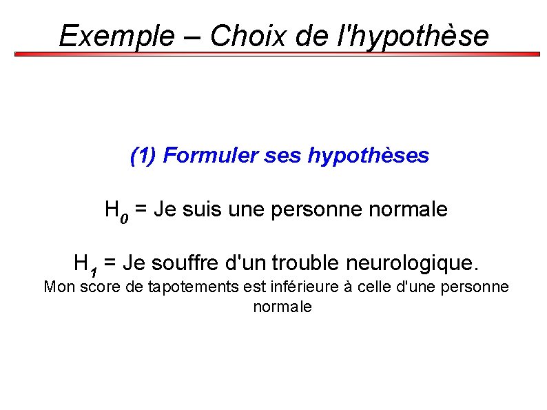 Exemple – Choix de l'hypothèse (1) Formuler ses hypothèses H 0 = Je suis