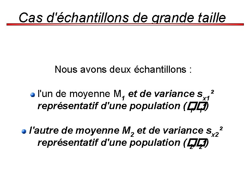 Cas d'échantillons de grande taille Nous avons deux échantillons : l'un de moyenne M