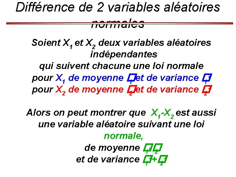 Différence de 2 variables aléatoires normales Soient X 1 et X 2 deux variables