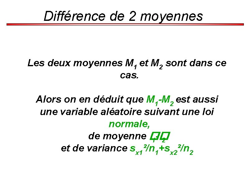 Différence de 2 moyennes Les deux moyennes M 1 et M 2 sont dans