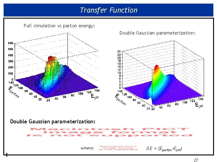Transfer Function Full simulation vs parton energy: Double Gaussian parameterization: E pa rto n