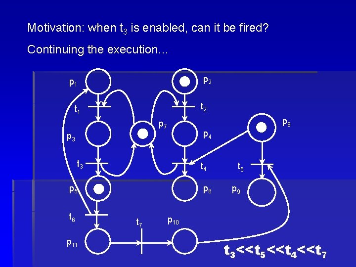 Motivation: when t 3 is enabled, can it be fired? Continuing the execution… p