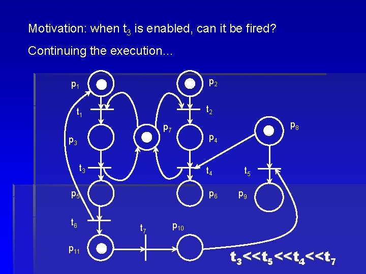 Motivation: when t 3 is enabled, can it be fired? Continuing the execution… p