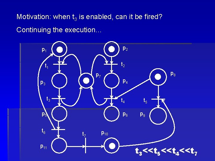 Motivation: when t 3 is enabled, can it be fired? Continuing the execution… p