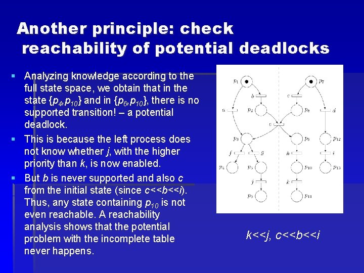 Another principle: check reachability of potential deadlocks § Analyzing knowledge according to the full