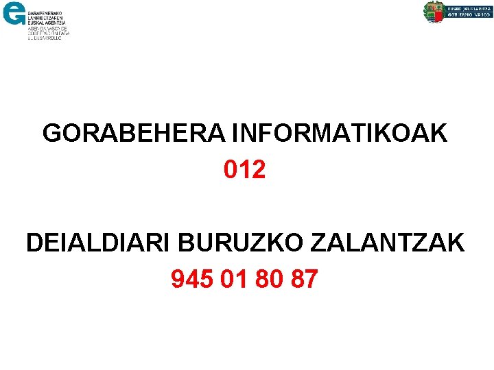 GORABEHERA INFORMATIKOAK 012 DEIALDIARI BURUZKO ZALANTZAK 945 01 80 87 