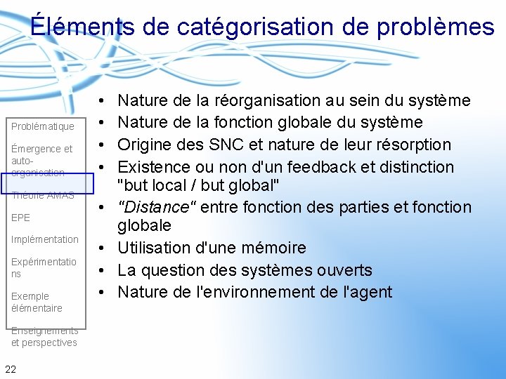 Éléments de catégorisation de problèmes Problématique Émergence et autoorganisation Théorie AMAS EPE Implémentation Expérimentatio