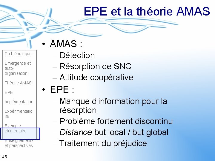EPE et la théorie AMAS • AMAS : Problématique Émergence et autoorganisation Théorie AMAS
