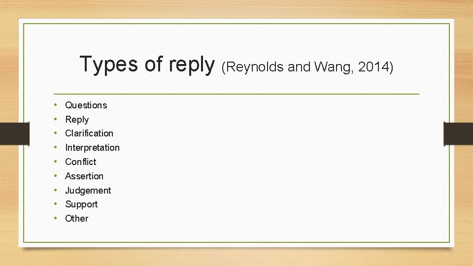 Types of reply (Reynolds and Wang, 2014) • • • Questions Reply Clarification Interpretation