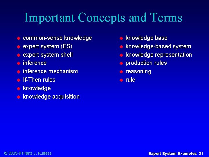 Important Concepts and Terms u u u u common-sense knowledge expert system (ES) expert