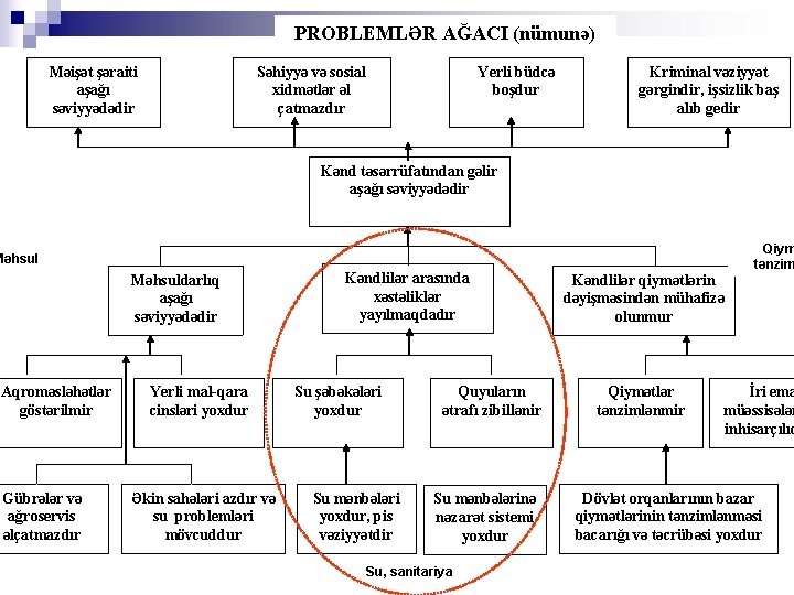 PROBLEMLƏR AĞACI (nümunə) Məişət şəraiti aşağı səviyyədədir Səhiyyə və sosial xidmətlər əl çatmazdır Yerli