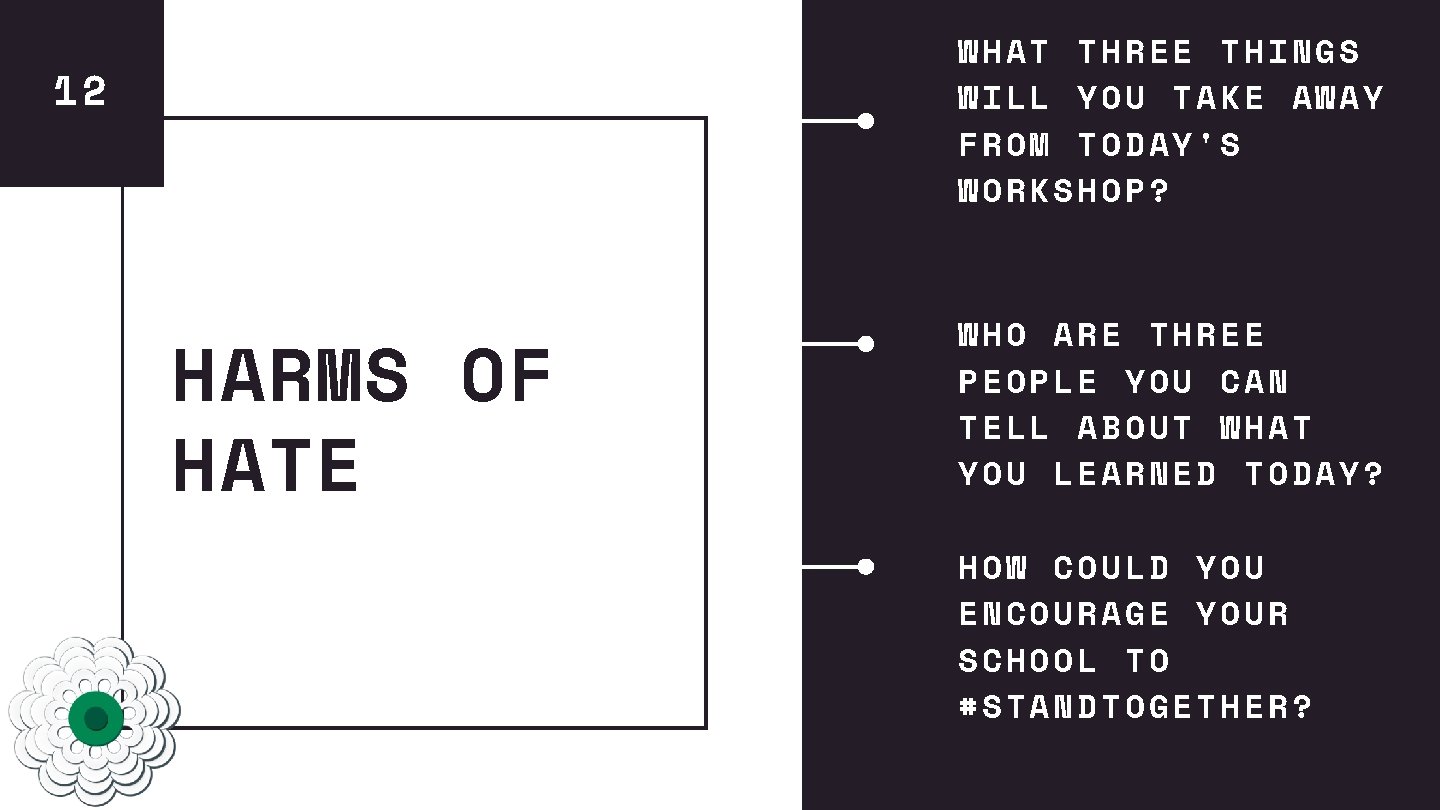 WHAT THREE THINGS WILL YOU TAKE AWAY FROM TODAY'S WORKSHOP? 12 HARMS OF HATE