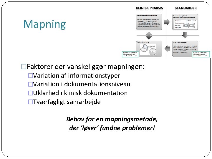 Mapning �Faktorer der vanskeliggør mapningen: �Variation af informationstyper �Variation i dokumentationsniveau �Uklarhed i klinisk