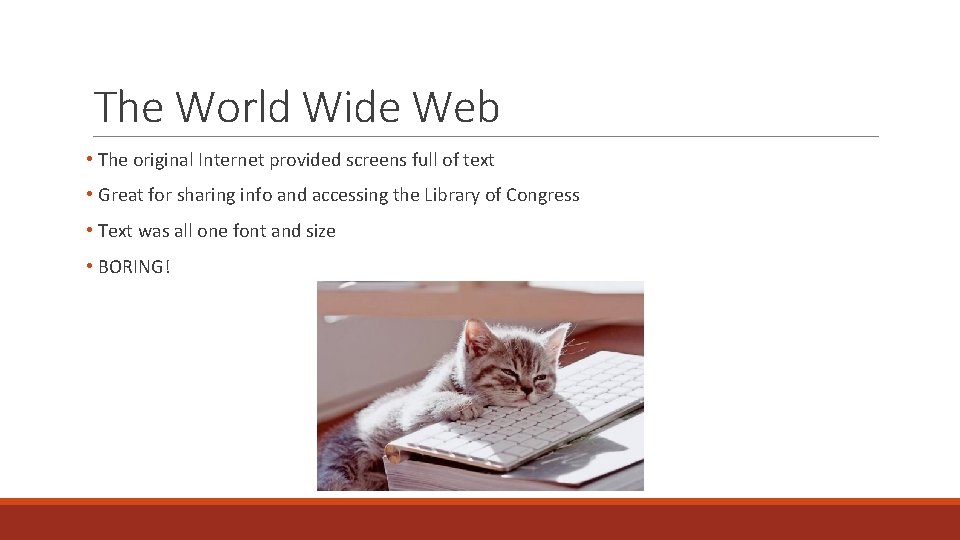 The World Wide Web • The original Internet provided screens full of text •