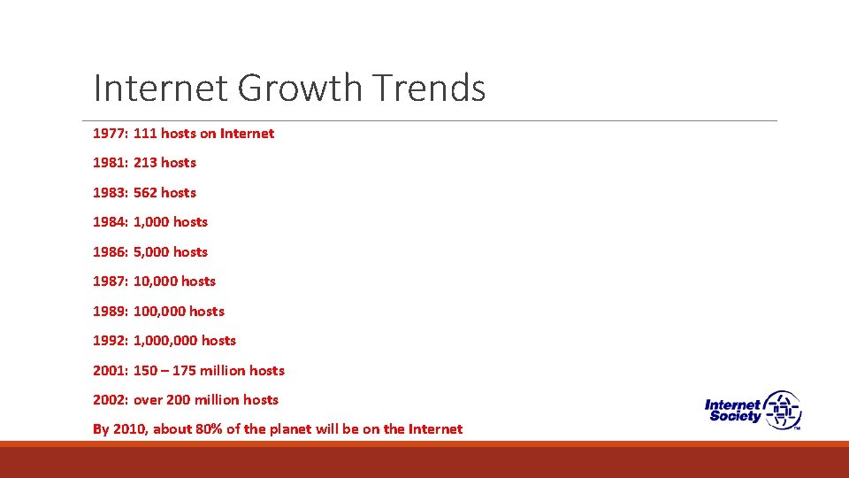 Internet Growth Trends 1977: 111 hosts on Internet 1981: 213 hosts 1983: 562 hosts