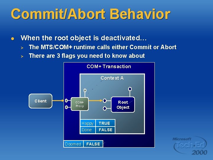 Commit/Abort Behavior l When the root object is deactivated… Ø Ø The MTS/COM+ runtime