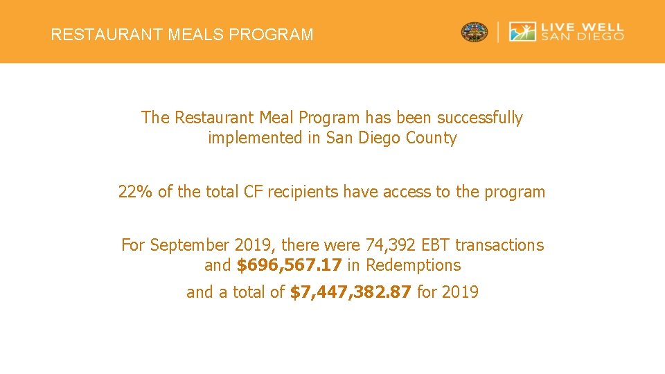 RESTAURANT MEALS PROGRAM The Restaurant Meal Program has been successfully implemented in San Diego