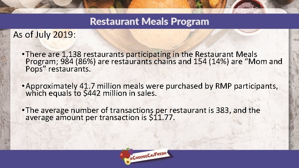 As of July 2019: • There are 1, 138 restaurants participating in the Restaurant
