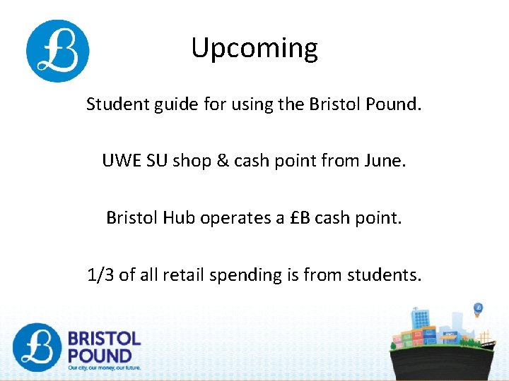 Upcoming Student guide for using the Bristol Pound. UWE SU shop & cash point