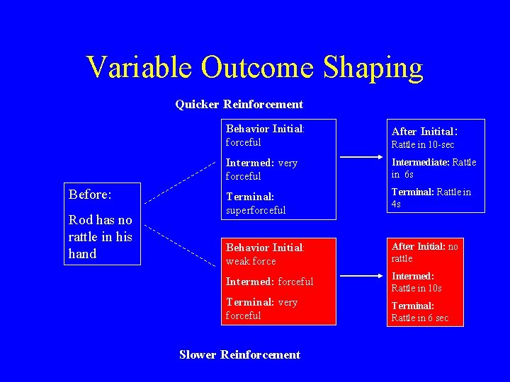Variable Outcome Shaping Quicker Reinforcement Before: Rod has no rattle in his hand Behavior