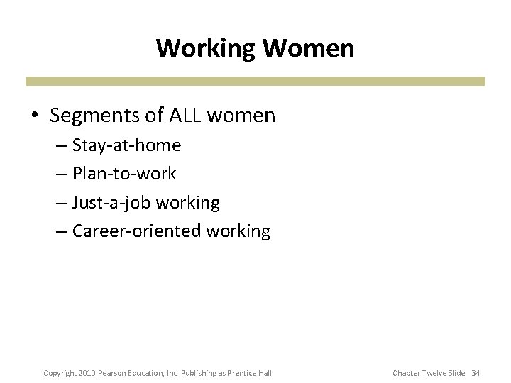 Working Women • Segments of ALL women – Stay-at-home – Plan-to-work – Just-a-job working