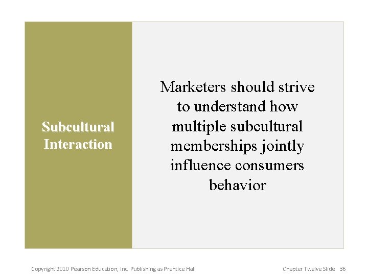 Subcultural Interaction Marketers should strive to understand how multiple subcultural memberships jointly influence consumers