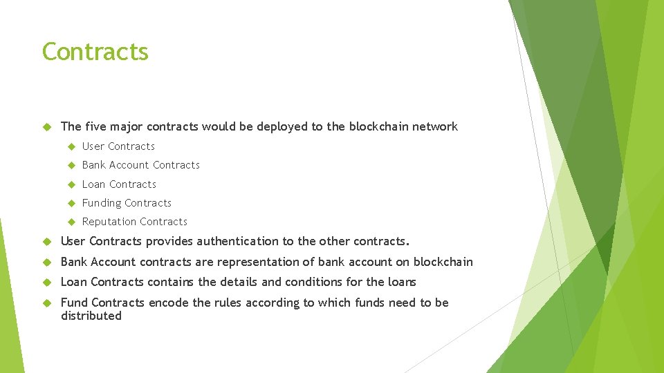 Contracts The five major contracts would be deployed to the blockchain network User Contracts