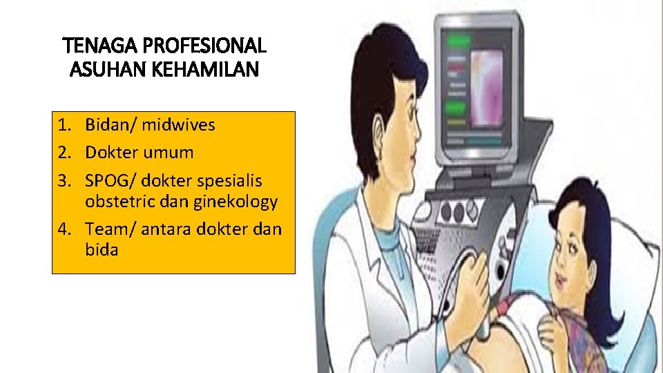 TENAGA PROFESIONAL ASUHAN KEHAMILAN 1. Bidan/ midwives 2. Dokter umum 3. SPOG/ dokter spesialis