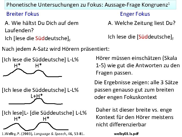 Phonetische Untersuchungen zu Fokus: Aussage-Frage Kongruenz 1 Breiter Fokus Enger Fokus A. Wie hältst