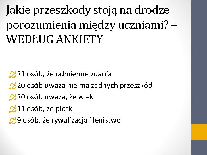 Jakie przeszkody stoją na drodze porozumienia między uczniami? – WEDŁUG ANKIETY 21 osób, że