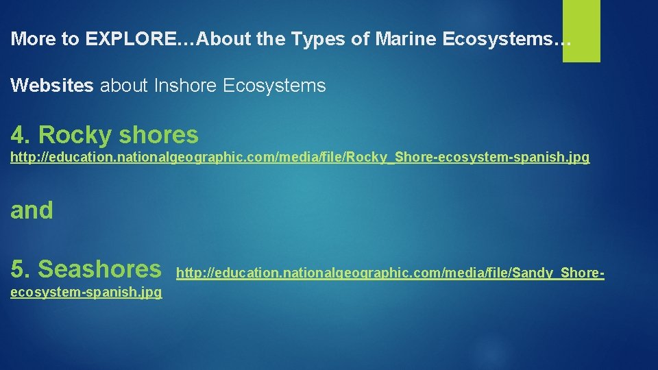 More to EXPLORE…About the Types of Marine Ecosystems… Websites about Inshore Ecosystems 4. Rocky