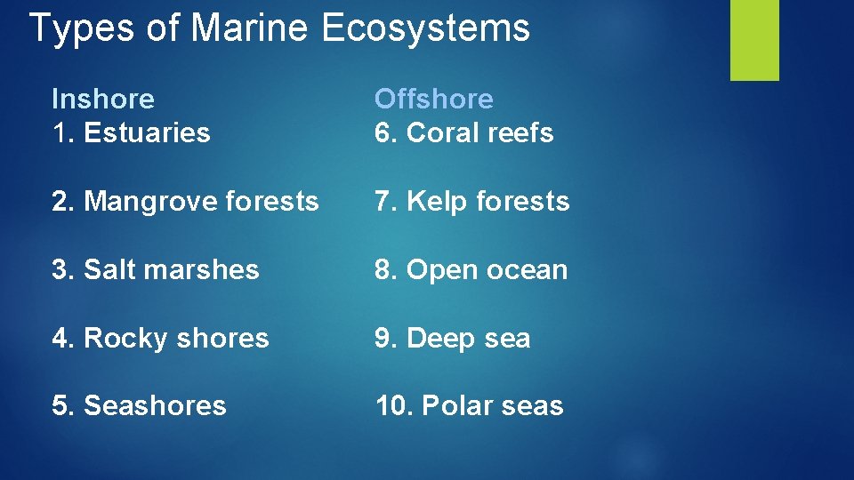 Types of Marine Ecosystems Inshore 1. Estuaries Offshore 6. Coral reefs 2. Mangrove forests