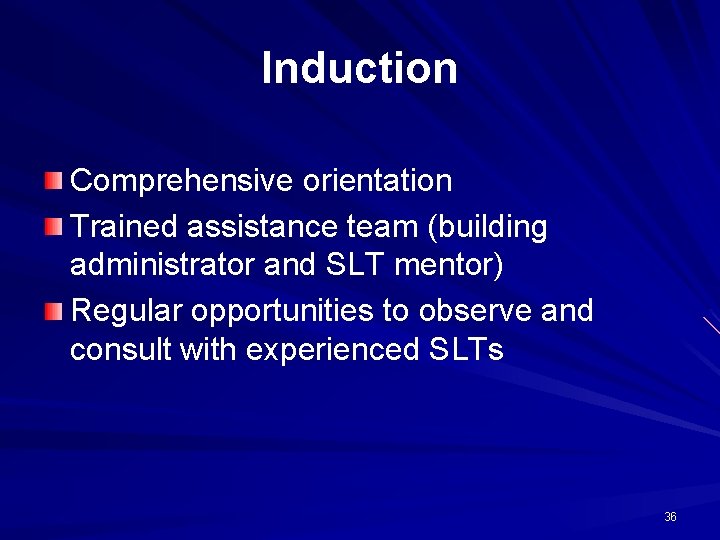 Induction Comprehensive orientation Trained assistance team (building administrator and SLT mentor) Regular opportunities to