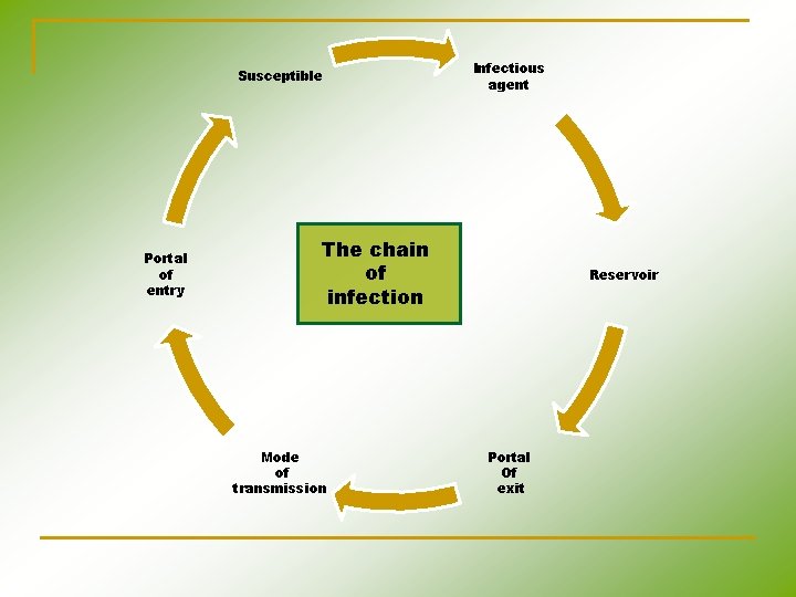 Susceptible Portal of entry Infectious agent The chain of infection Mode of transmission Reservoir Susceptible Portal of entry Infectious agent The chain of infection Mode of transmission Reservoir